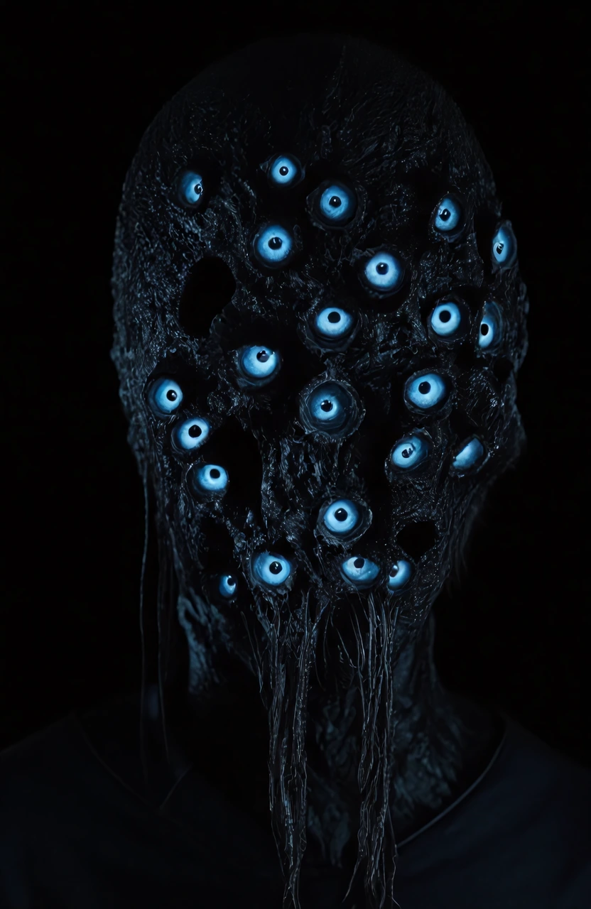 A surreal and haunting humanoid figure against a pitch-black background, its surface textured like melted or decayed material. Embedded across its face and head are numerous glowing blue eyes, irregularly arranged. 