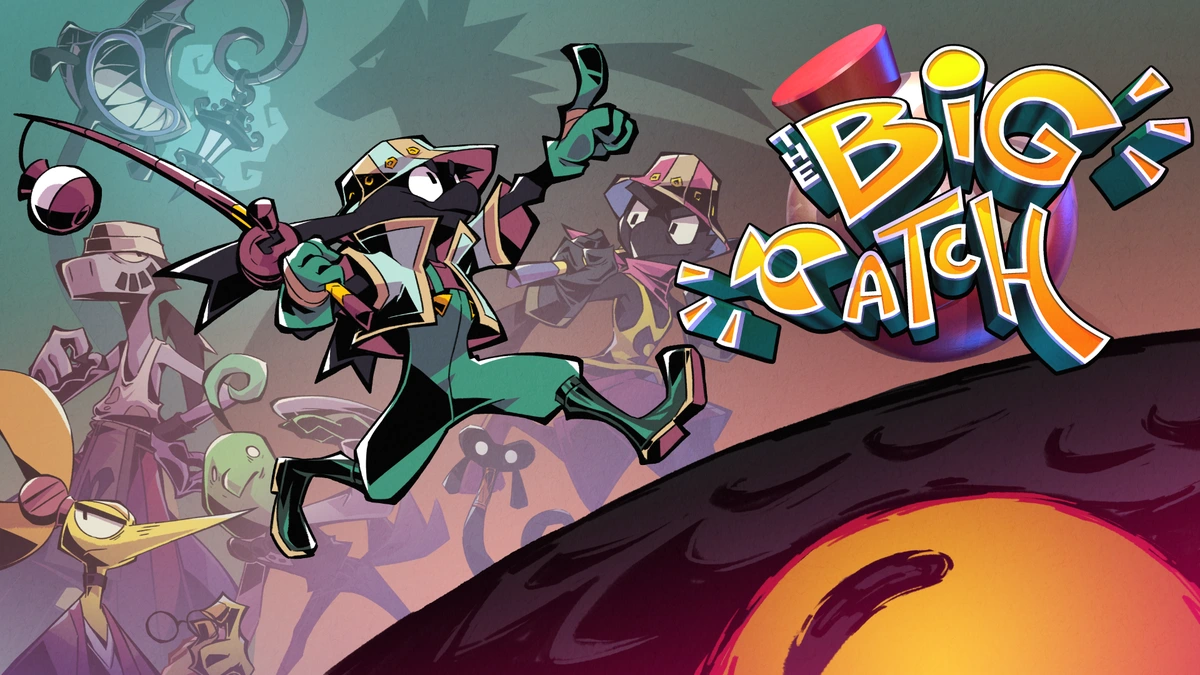 Splash art for the video game "The Big Catch" featuring a cartoony bird/rabbit-hybrid fisherman, as well as various other characters in the background