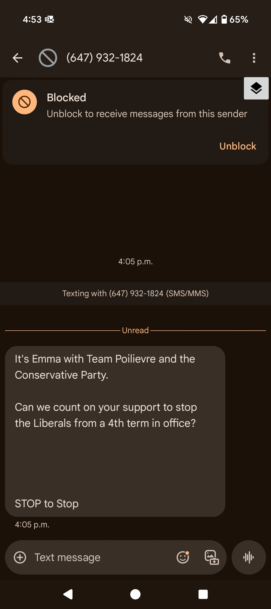text message: "It's Emma with Team Poilievre and the Conservative Party. Can we count on your support to stop the Liberals from a 4th term in office?STOP to Stop"