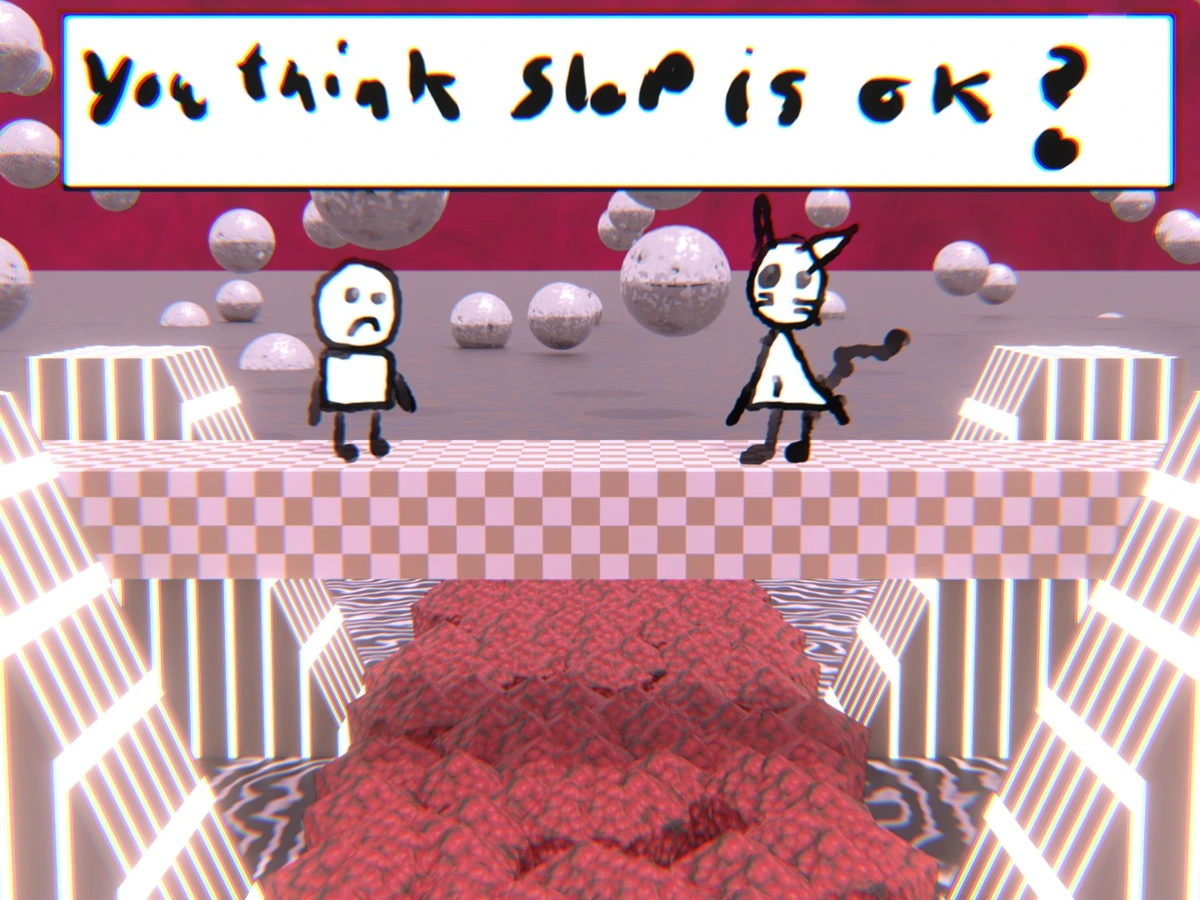 A cat person asking another person you think slop is ok? on a bridge over red like objects with checkered bridge. in the background is a red sky with reflective spheres