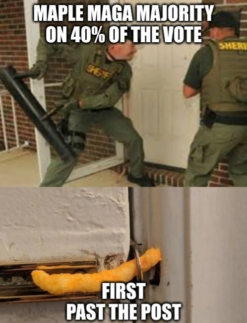 First Past The Post cheeto door lock holding back a maple maga majority on 40% of the vote