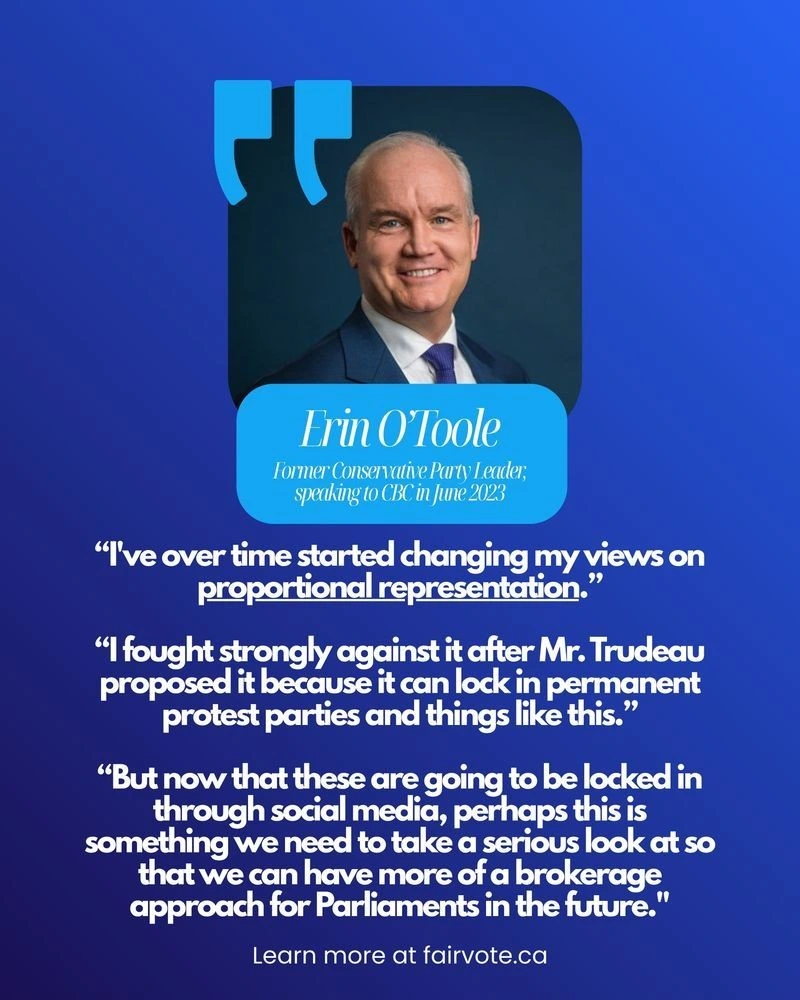 A square graphic with a blue gradient background. On the top left is a large turquoise quotation mark symbol. To the right is a formal portrait of Erin O’Toole in a suit and tie. Below his photo is a rounded turquoise box with text identifying him as Erin O’Toole, former Conservative Party leader, speaking to CBC in June 2023. Beneath this are three separate quotations in white text where he describes changing his views on proportional representation, reflecting on how he previously opposed it, and suggesting Canada needs to look at it seriously in the future. At the bottom is the line Learn more at fairvote.ca.