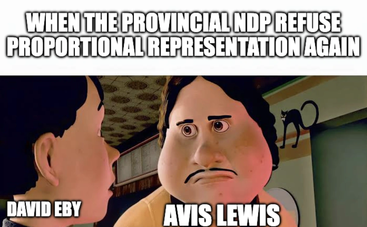When the provincial ndp refuse proportional representation again. Avis Lewis looks at David Eby disappointed. 