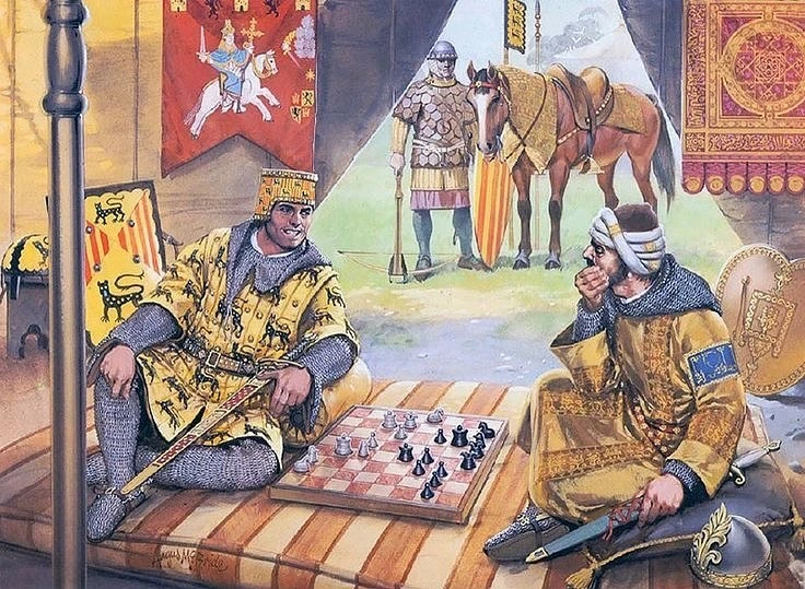 Aragonese knight and Andalusian noble playing chess in Medieval Spain