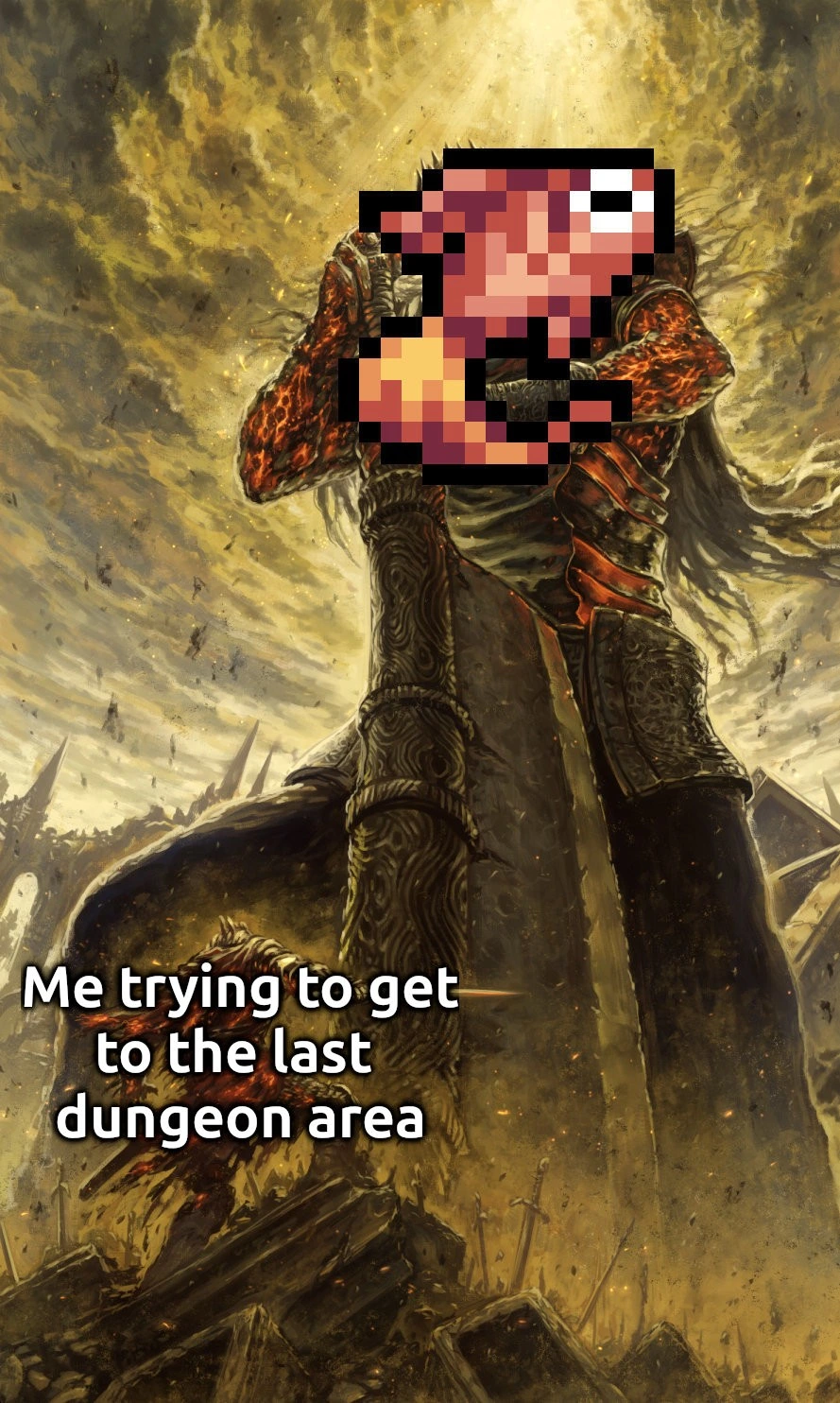 A picture of a man with a sword with text over him saying "me trying to get to the last dungeon area", standing before a giant with a picture of the firesail fish from Fields of Mistria