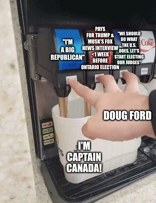 Doug Ford pressing all 3 pop dispenser buttons into an "I'm captain Canada" cup. 1st button "I'm a big republican", 2nd button "pays for Trump & Musk's Fox News interview <1 week before Ontario election", 3rd button "We should do what the U.S. does. Let's start electing our judges."