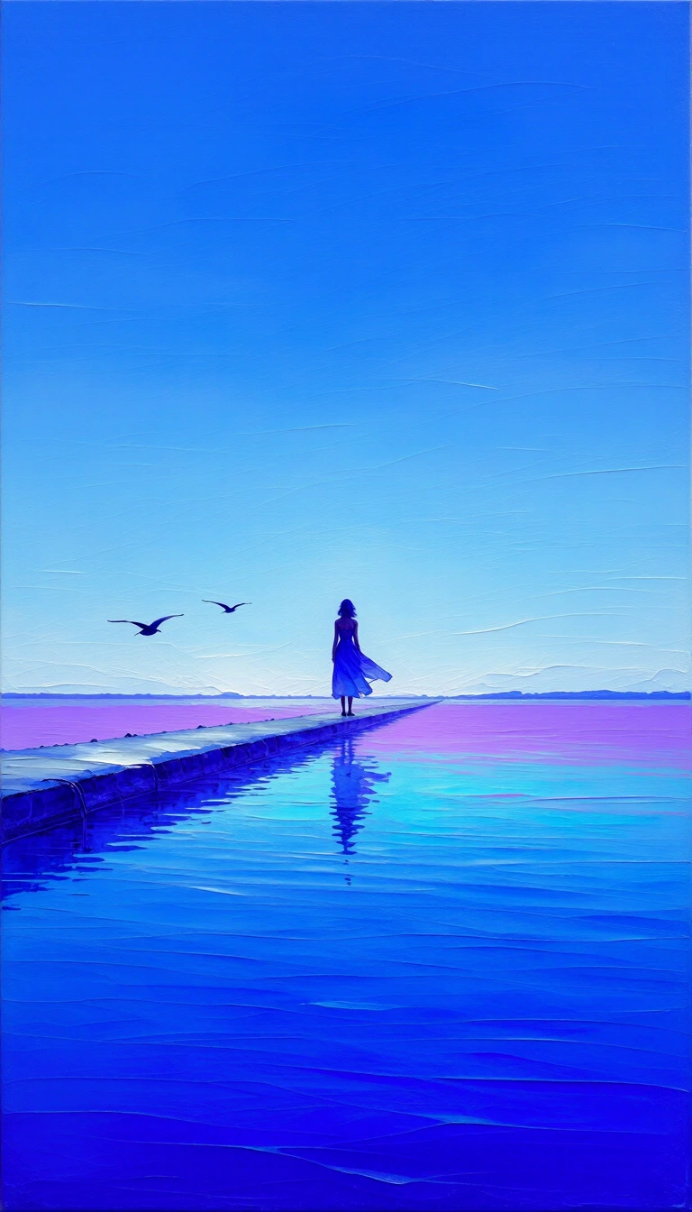 A person in a flowing blue dress stands on a narrow pier extending into calm water, their reflection visible on the surface. Two birds fly overhead against a softly blended sky of blues and purples. 