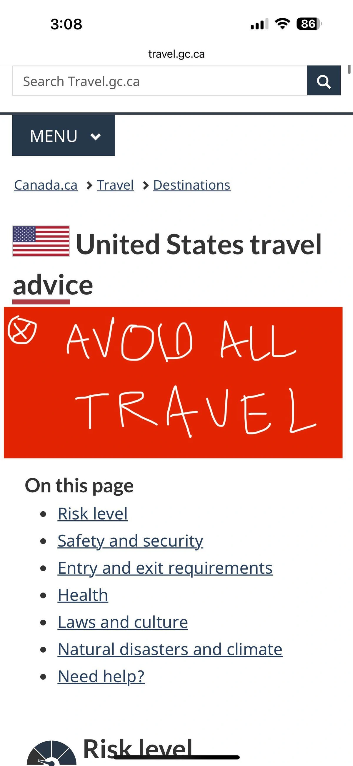 Travel advisory that says to avoid all travel to the USA