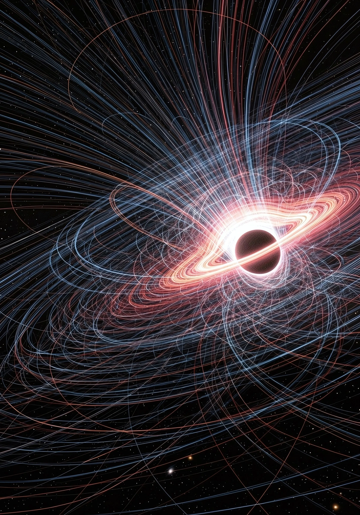 A black sphere sits at the center of a glowing ring of material, forming a vivid depiction of a black hole and its accretion disk. Curved blue and red light lines arc outward, as stars fill the background.