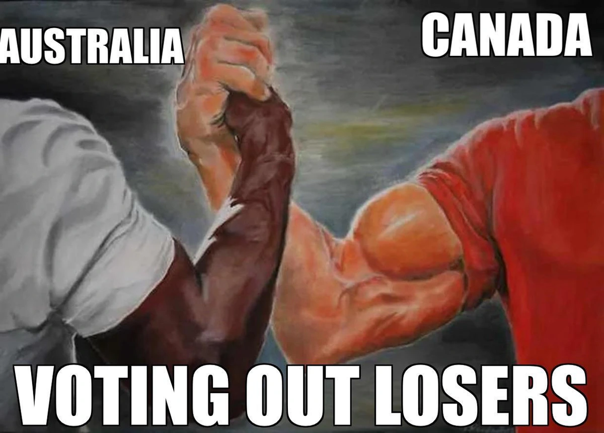 Canada and Australia shaking hands over voting out losers.
