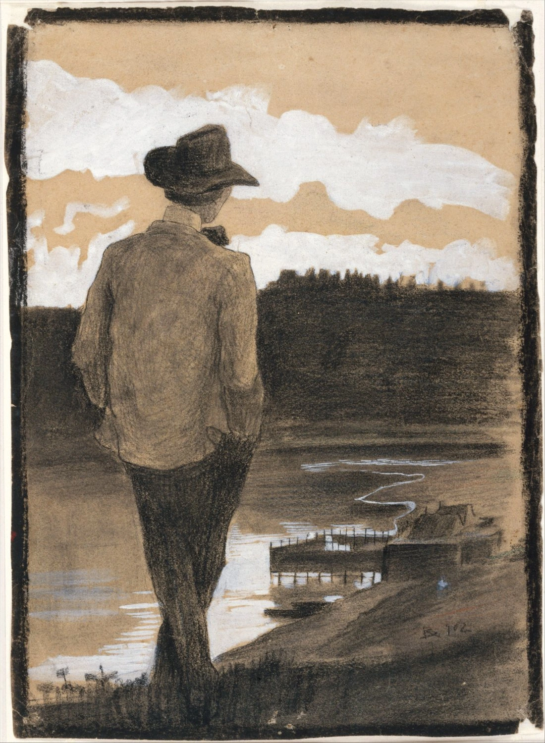 Umberto Boccioni’s Young Man on a Riverbank, a painting of a solitary young man in profile wearing a hat and long coat as he gazes across the water. A warm golden sky with soft clouds reflects on the river, while dense foliage, a dock, and a small moored boat line the shore. 