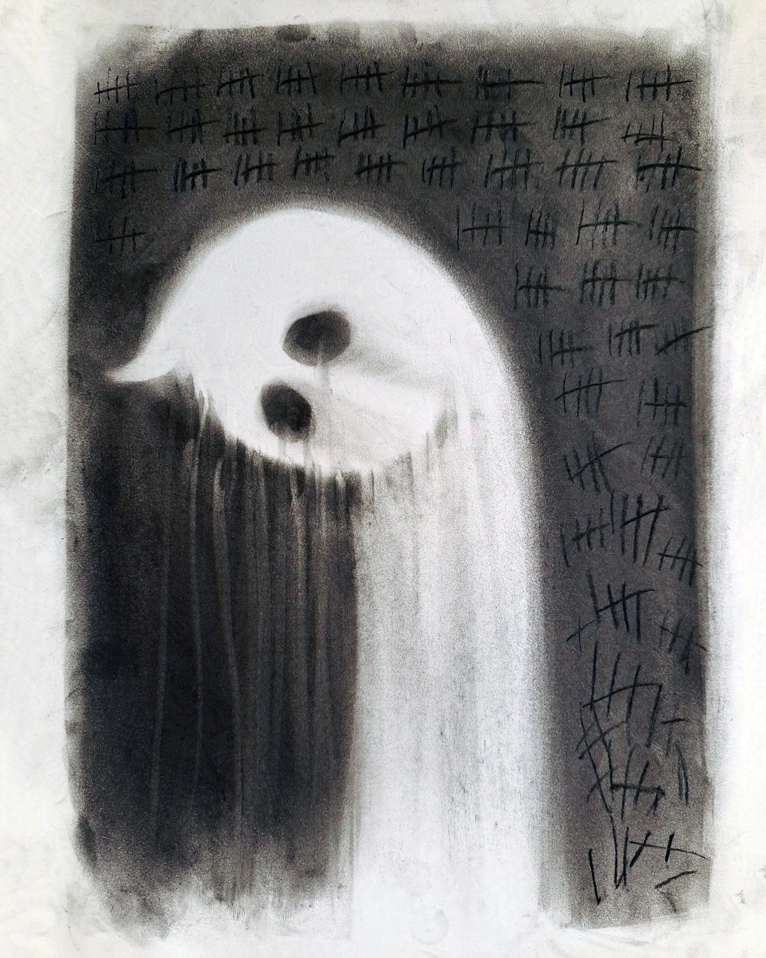 Spooky charcoal drawing of a sad little ghost biding their time.