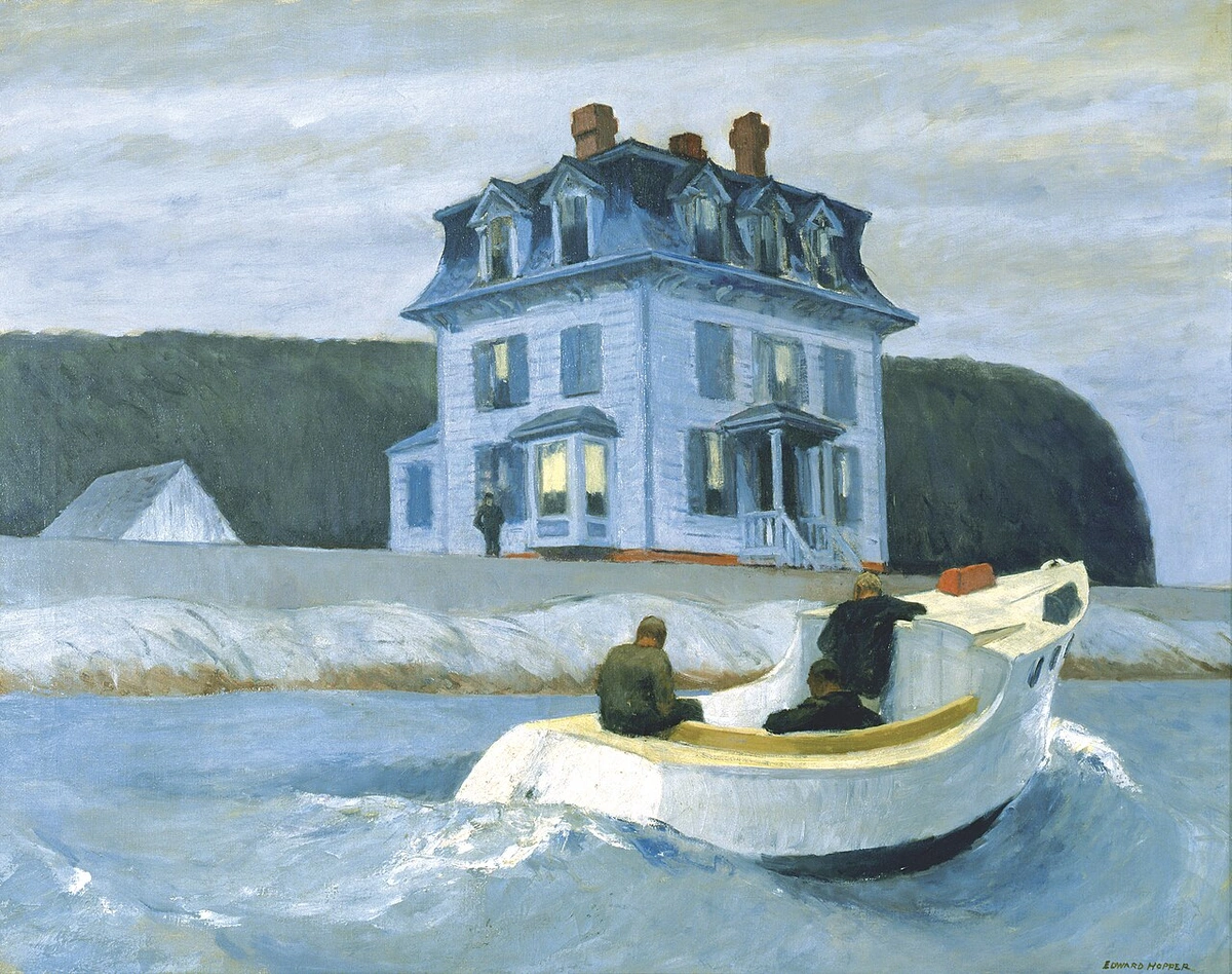 Edward Hopper’s The Bootleggers depicts a stark coastal scene at dusk, with a white Victorian house standing isolated against a darkening sky. Two figures sit in a small moored boat in the foreground, suggesting secrecy or illicit activity. Cool colors and faint light from the house create a quiet, tense, somber mood.