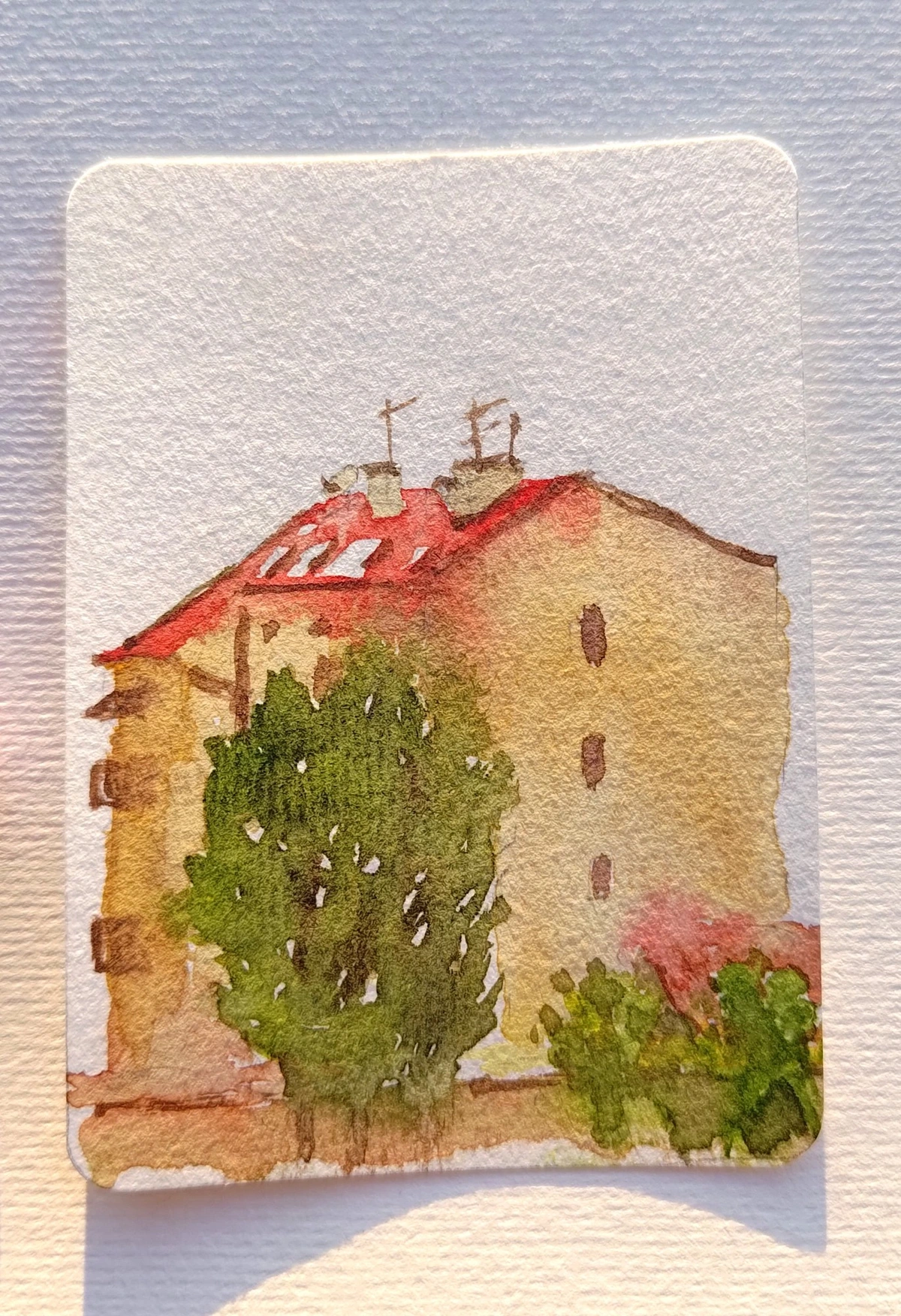 A small, rectangular piece of watercolor paper, the size of a trading card. On it, a watercolor painting of a building, roughly three levels tall, plus a few trees, and a low wall. The building is mostly in beige, brown, and yellow colors, with balconies on the left, with a red roof and some antennae on the chimneys.