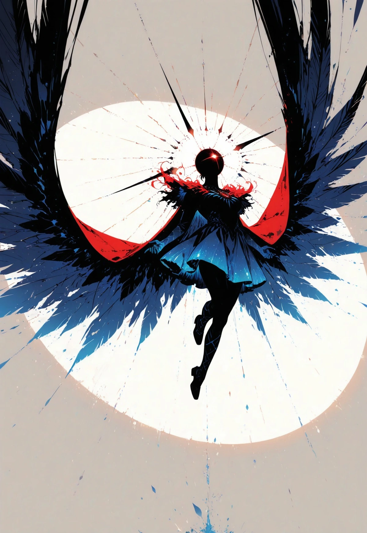 A stylized and dramatic illustration of a winged humanoid figure suspended midair, silhouetted against a bright circular backdrop. The figure wears a flowing blue garment adorned with intricate patterns, while large, dark wings extend outward from its back. A red, four pointed burst of light emanates from its head, complimented by a halo-like burst around its head. 