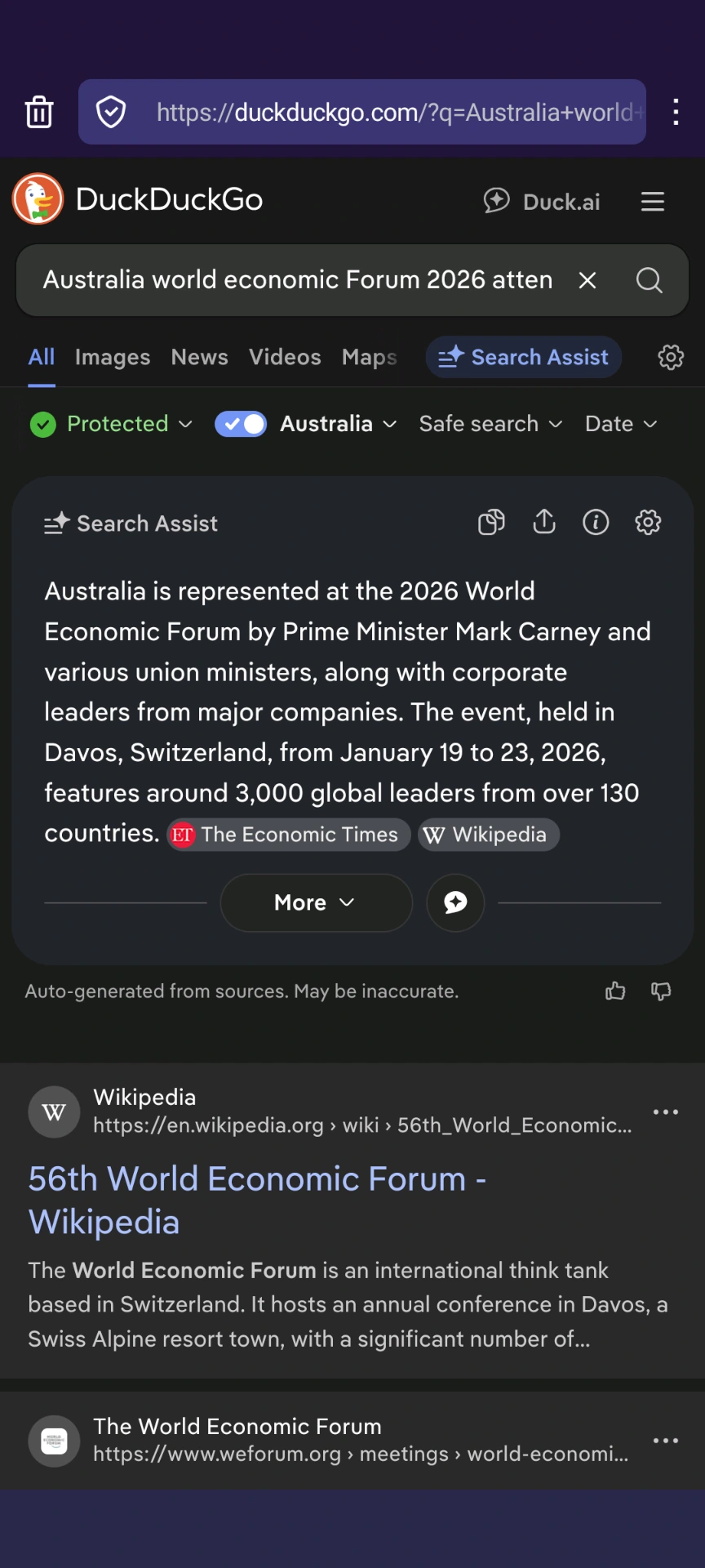 A screenshot of a DDG search for a list of Australian attendees to the World Economic Forum showing that Australia was represented by Mark Carney, the Prime Minister of Australia .. apparently.