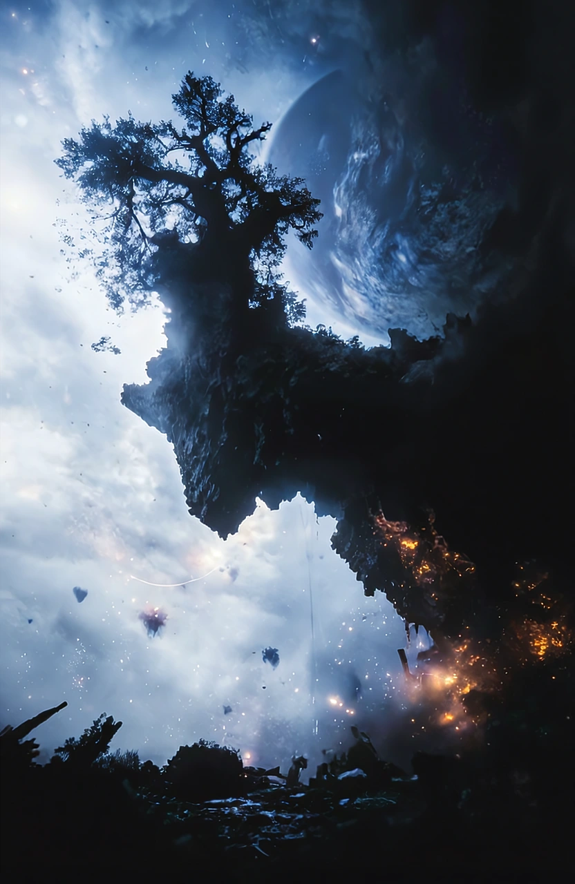 An overhanging landmass hovers in a cosmic environment, crowned by a large tree whose branches reach into swirling clouds and glowing light. The rock formation is illuminated by dramatic blue and white highlights, while fiery orange lights burn near its underside. A celestial body looms in the background, surrounded by drifting mist and luminous particles. 