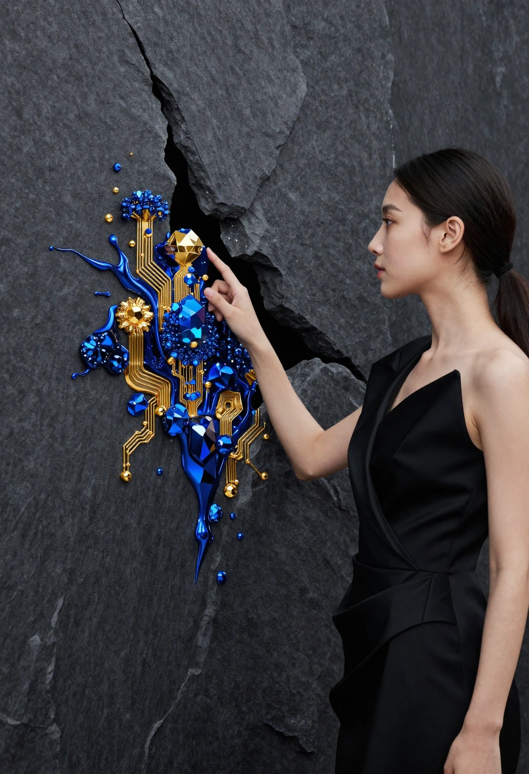 A woman in a black asymmetrical dress stands beside a large cracked stone surface, reaching toward an intricate structure emerging from the break. The formation consists of metallic blue and gold geometric shapes, circuit‑like patterns, and fluid, organic contours that contrast sharply with the rough stone. 