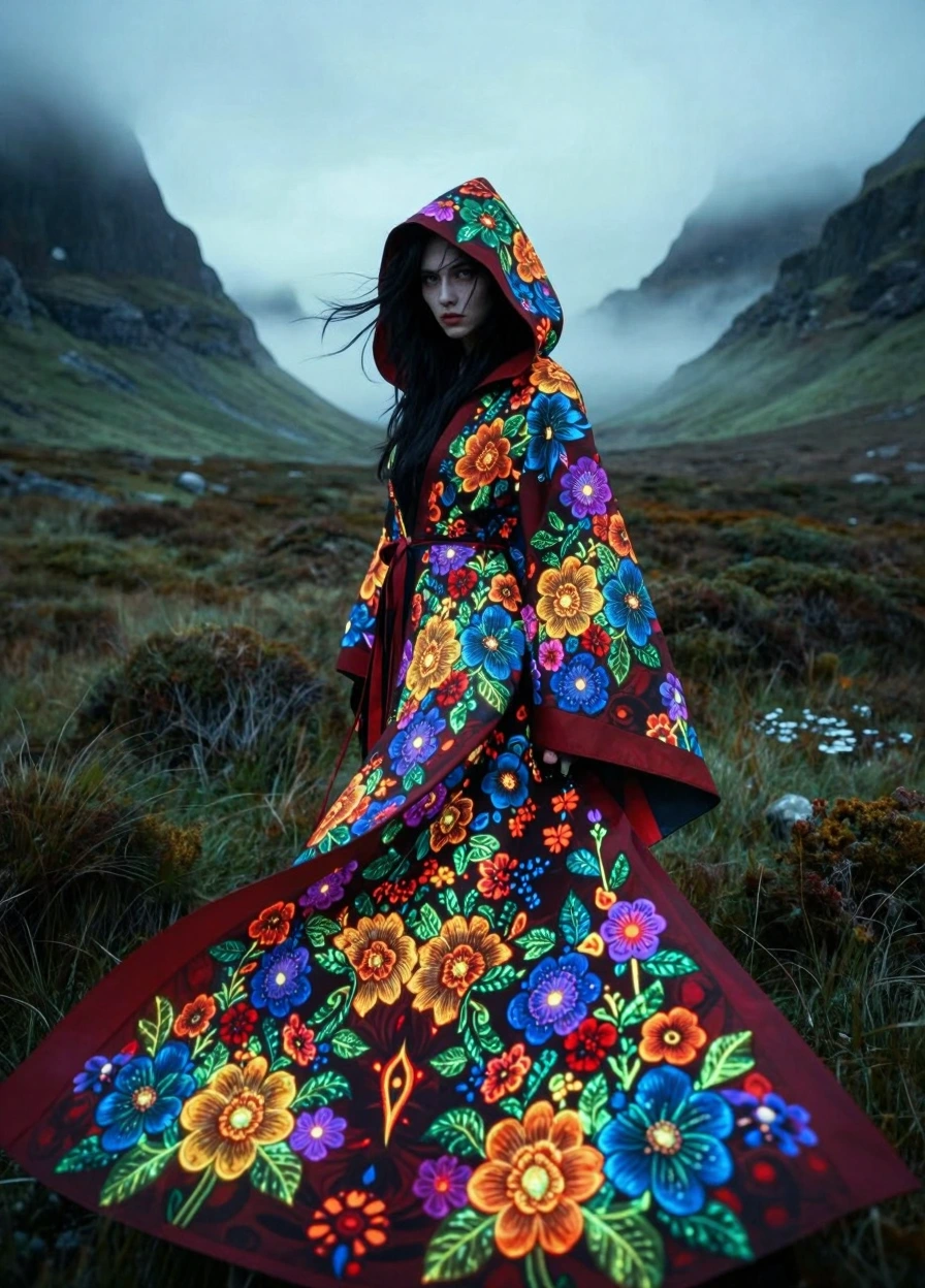 A figure stands in a misty mountain landscape, draped in a hooded cloak adorned with vivid, multicolored floral patterns. The cloak features large, detailed blossoms in shades of yellow, orange, blue, purple, and red, with green leaves that contrast sharply against the dark red fabric. The surrounding terrain is rugged and grassy, flanked by steep cliffs and veiled in low-hanging clouds.
