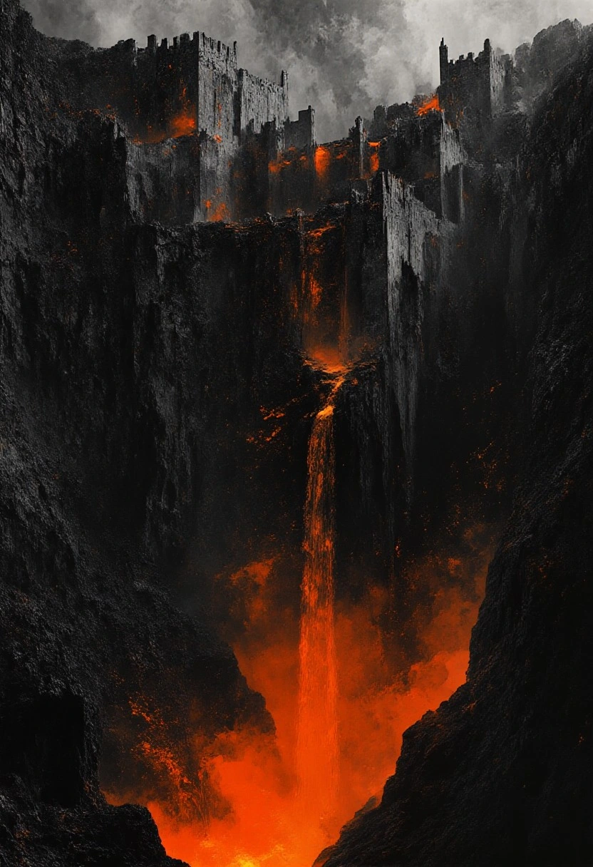 A massive fortress is carved directly into jagged, towering cliffs. From its core pours a torrent of glowing orange lava, spilling down the rock face like a blazing waterfall into a molten pool below. The surrounding stone is charred black, cracked and scorched by relentless heat. Smoke and ash billow upward, thickening the sky.