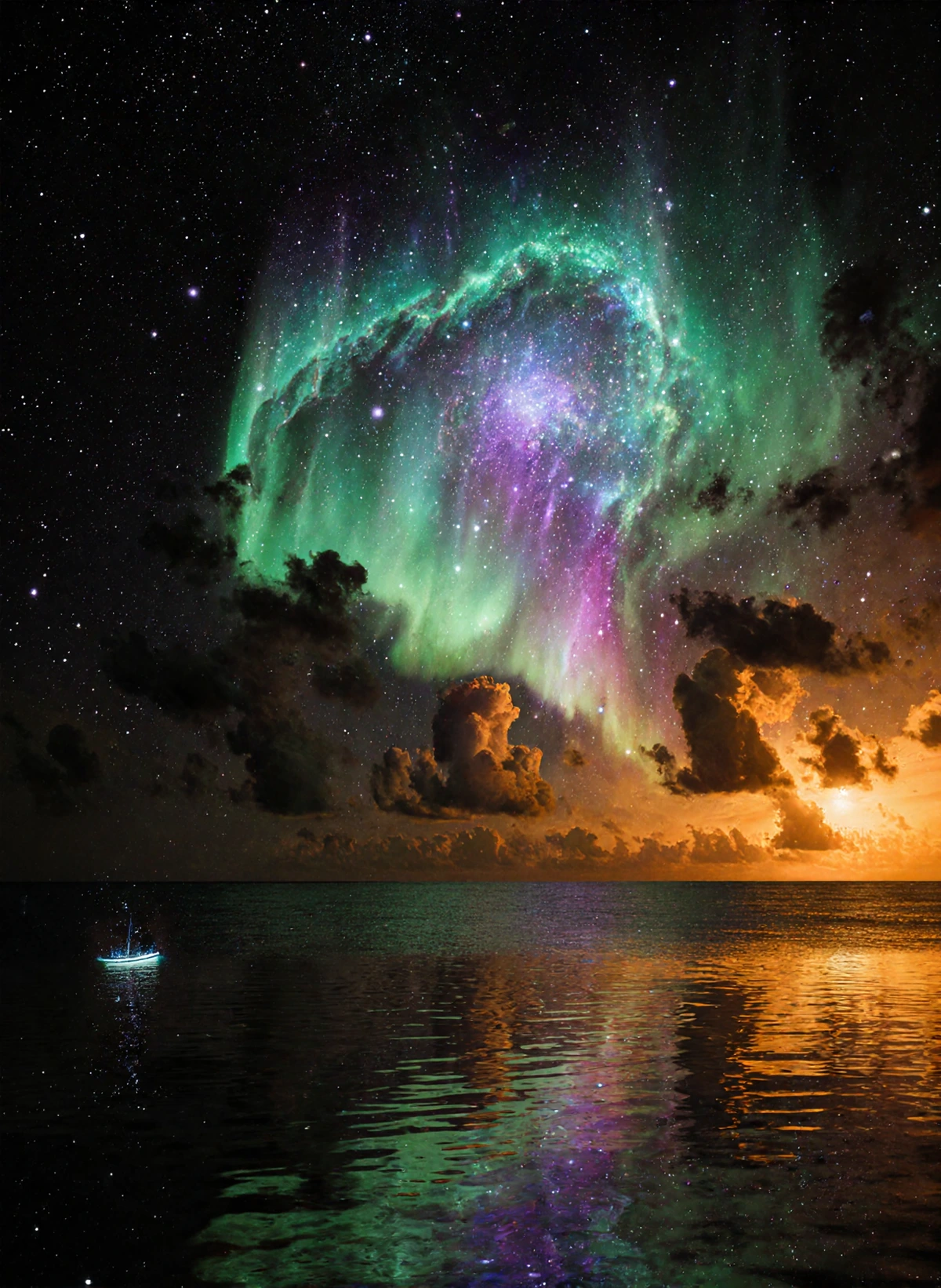 A surreal nighttime seascape unfolds beneath a swirling sky filled with aurora-like lights in vivid shades of green, purple, and blue. These luminous patterns dance among stars and dramatic clouds tinged with the golden-orange light of the sun setting just above the horizon. The calm ocean mirrors the celestial display, amplifying the dreamlike ambiance. A small glowing boat floats quietly on the water, adding scale. 