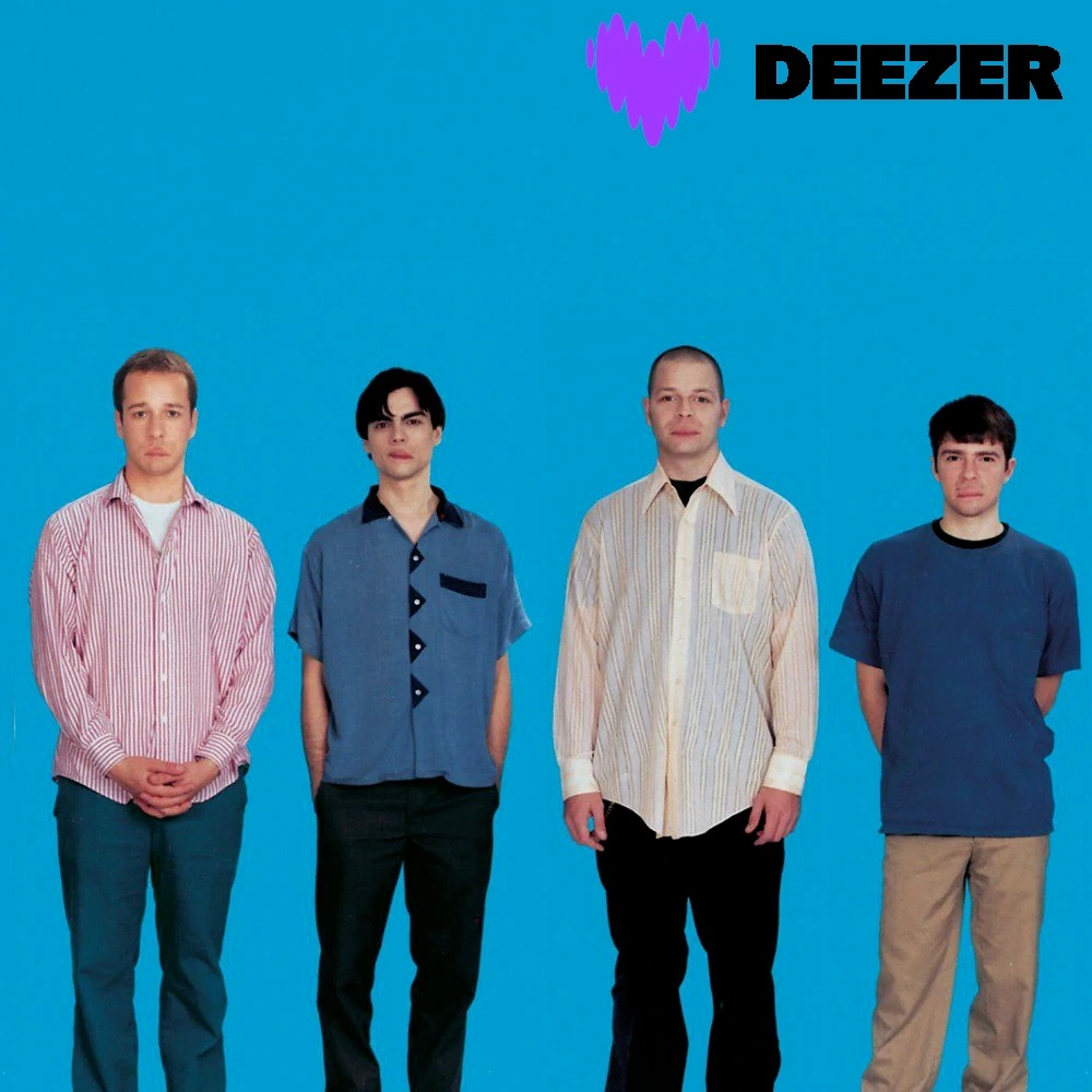 Weezer's Blue Album cover, with the "weezer" text replaced with the Deezer logo and text, the mouths of the band members are flipped upside down.
