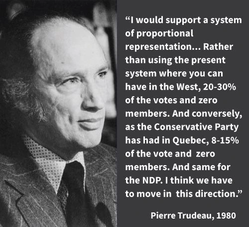 Black-and-white image of Pierre Trudeau, facing left. To the right is a quote in white text on a dark background: “I would support a system of proportional representation... Rather than using the present system where you can have in the West, 20–30% of the votes and zero members. And conversely, as the Conservative Party has had in Quebec, 8–15% of the vote and zero members. And same for the NDP. I think we have to move in this direction.” —Pierre Trudeau, 1980