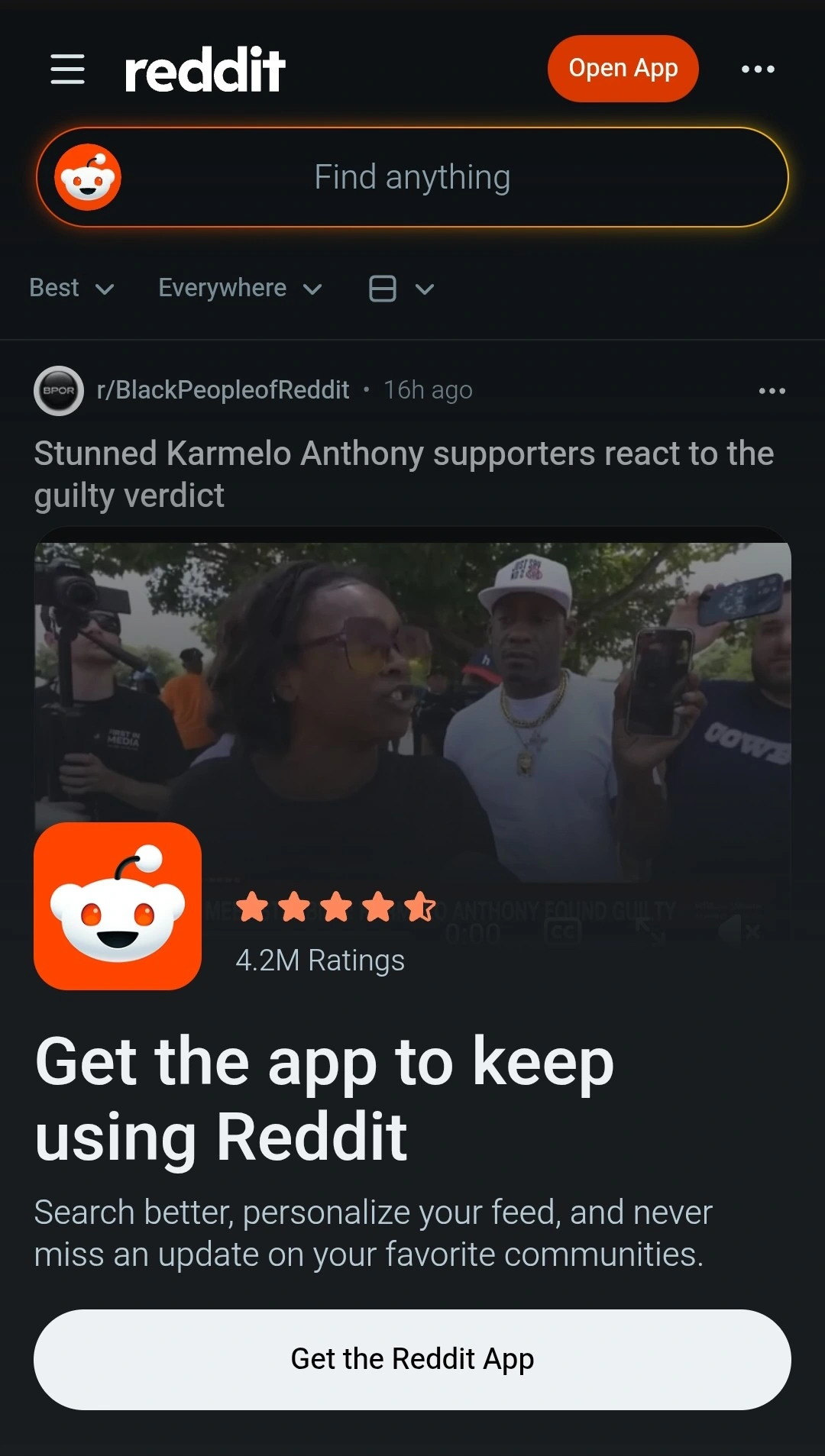 A screenshot of Reddit on mobile with a banner covering the lower half of the page advertising the app