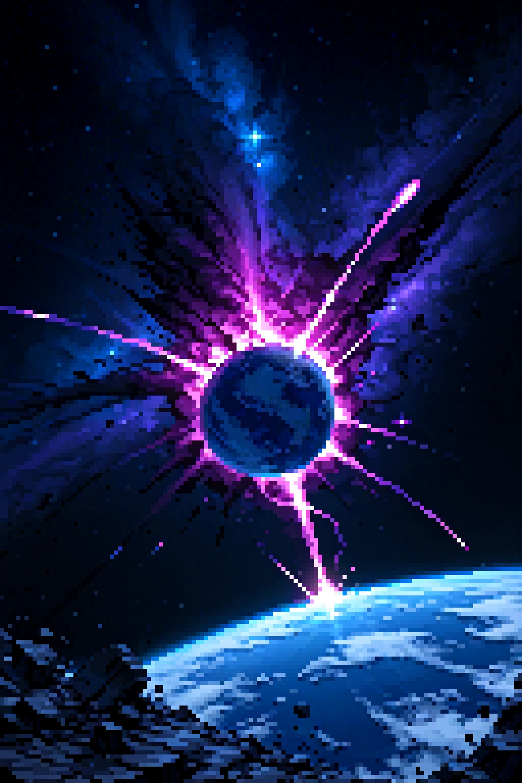 A pixel art cosmic scene of a dark moon engulfed in a purple explosion ejecting debris in all directions. One piece of debris strikes a planet below, depicted with blue oceans and white cloud swirls, creating a luminous impact point. The background is a deep space tapestry filled with stars and nebulae in shades of blue and purple.