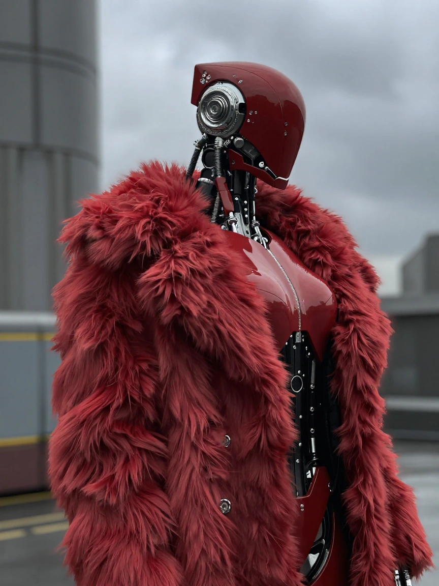 A humanoid robot with a sleek red metallic body stands confidently in an urban setting, its mechanical components exposed beneath a luxurious, oversized red faux fur coat. The background features modern architecture under a cloudy sky.