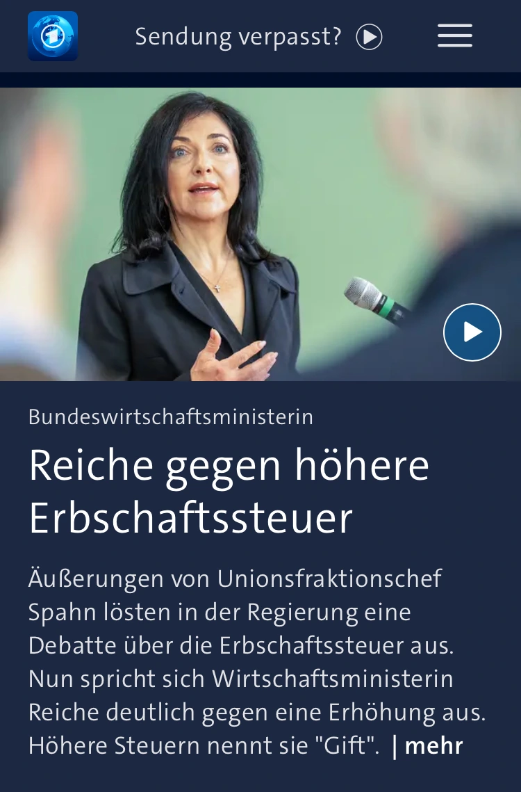 Screenshot from tagesschau.de depicting the headline and a picture of Katharina Reiche