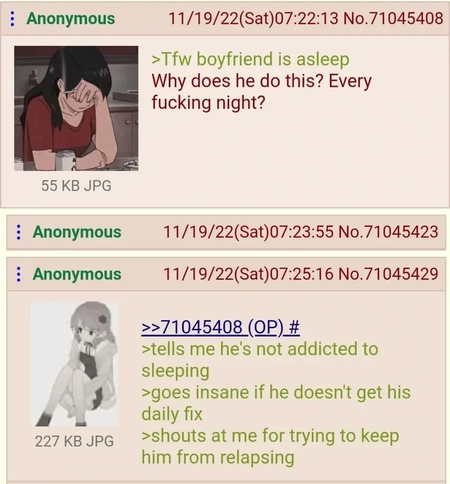 The OP in a 4chan posts an anime woman looking exasperated captioned "Tfw boyfriend is asleep" and says "Why does he do this? Every fucking night?" Anon responds with an annoyed looking anime woman captioned "tells me he's not addicted to sleeping. goes insane if he doesn't get his daily fix. shouts at me for trying to keep him from relapsing"