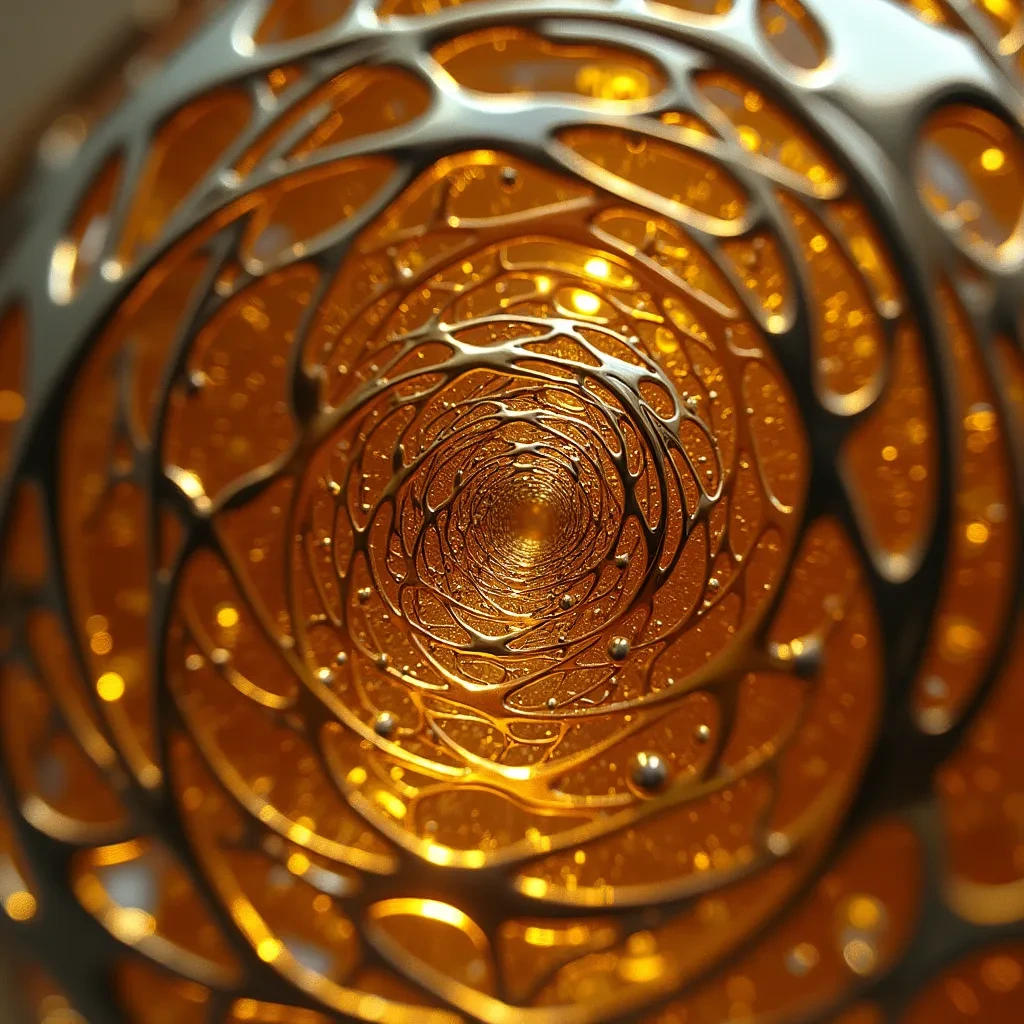 An abstract artwork featuring a tunnel-like structure filled with patterned metallic rings inside a glowing amber cylinder. The silver web-like forms continue inward with fluid, organic interlacing. Scattered throughout the amber are small reflective spheres that enhance the complexity and dimensionality of the design. 