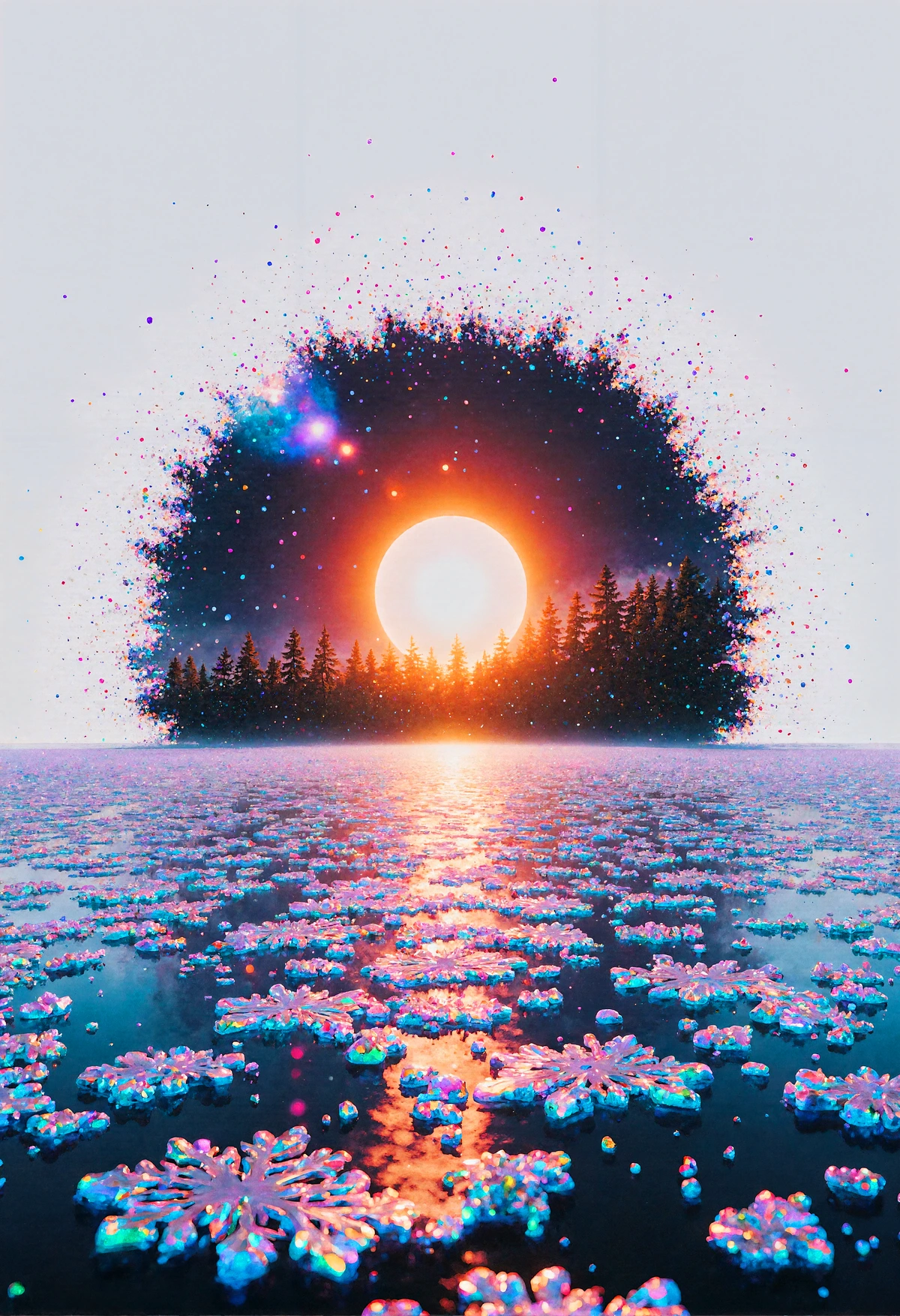 A surreal landscape depicting a glowing sun setting behind a dense forest of silhouetted pine trees visible through a round portal radiating cosmic particles from its jagged edges, casting fantastical hues across the white void behind it. In the foreground, a calm body of water stretches to the horizon, reflecting the sun, its surface adorned with crystalline, flower-like ice formations shimmering in pink, blue, and purple. 