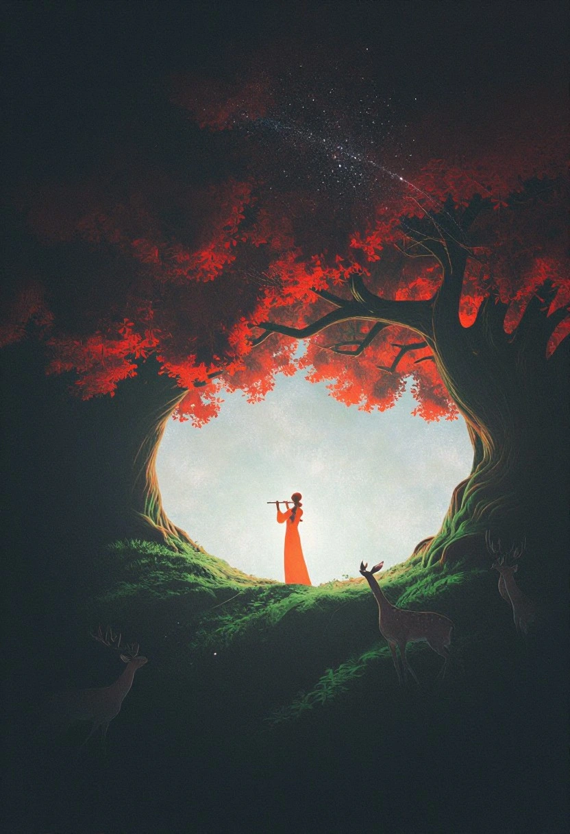 A stylized artwork portraying a tranquil forest scene where a figure in a flowing orange dress stands on a grassy hill, playing a flute. Towering trees with vibrant red foliage form a natural archway around the figure, framing them in warm, glowing light. In the foreground, three deer gaze attentively at the musician. Above the trees, a faint trail of stars drifts across the sky, infusing the scene with a touch of the surreal.