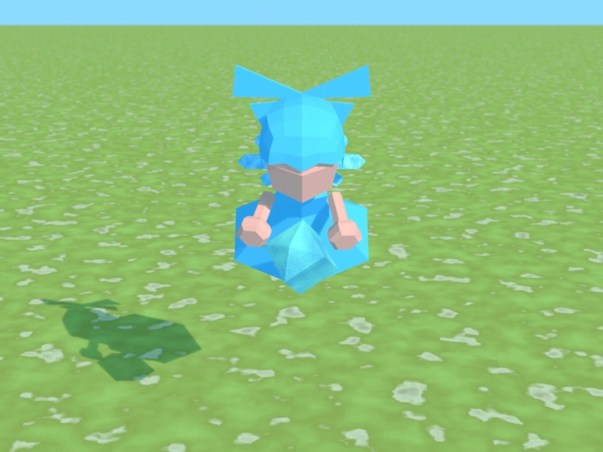 low poly cirno flying through a grass field with a ice crystal that might have a frog in it