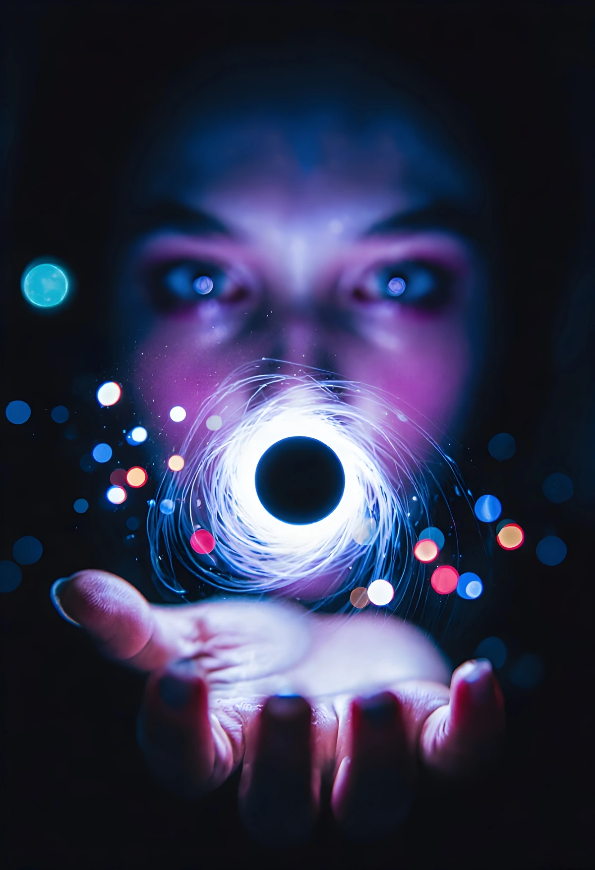 A person studies a black orb hovering above their hand, its swirling light patterns encircling a dark central core with colorful bokeh lights in shades of blue, red, and purple surrounding the scene.