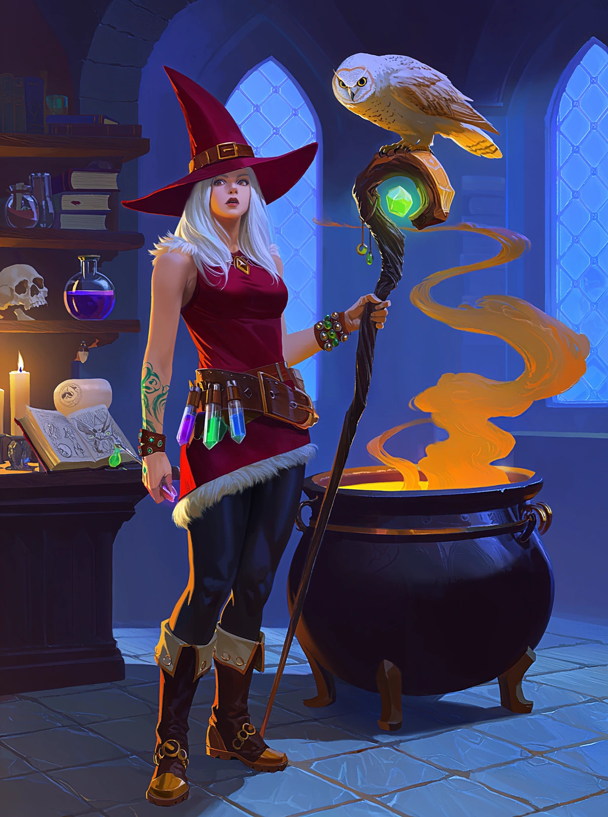 A witch stands in a stone chamber lit by candles and glowing magical energy. She wears a red pointed hat, a fur‑trimmed tunic, black pants, and boots, with several potion vials hanging from her belt. A white owl perches on her staff, which is topped with a green gem emitting light. Behind her, a cauldron releases swirling orange vapor, while a nearby table holds an open book, a candle, a skull, and glass flasks. Tall arched windows cast a cool blue glow.