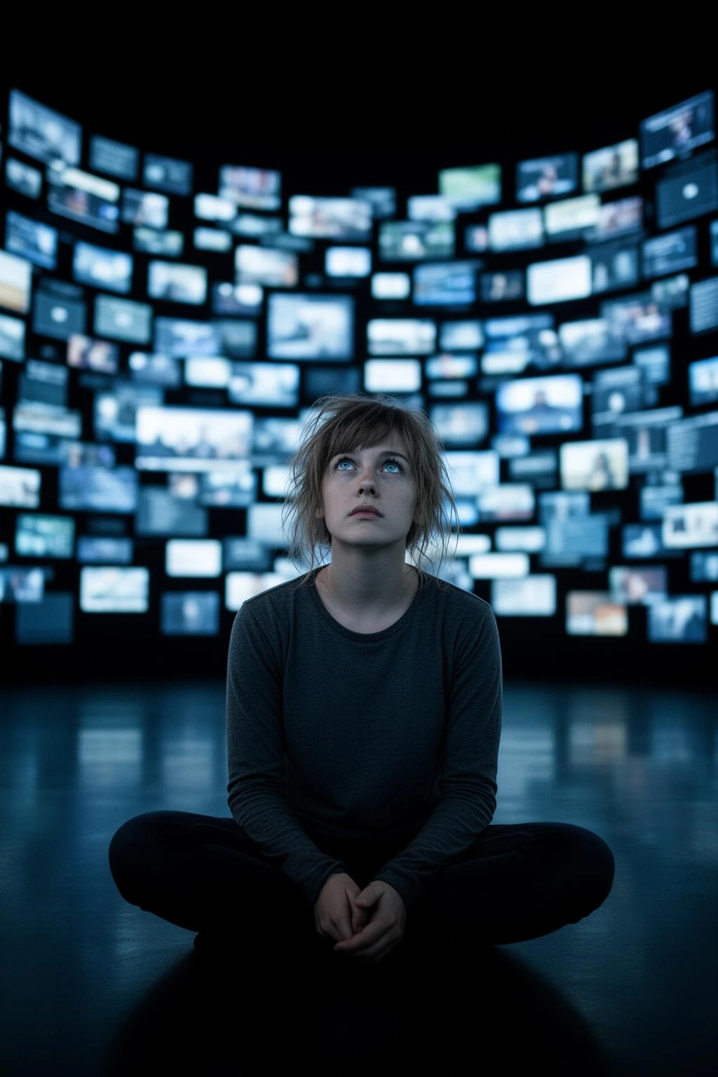 A person sits cross‑legged on a dark, reflective floor, looking upward in a dimly lit room. Surrounding them is a large curved wall filled with illuminated screens displaying a variety of images, casting shifting light across the space. 