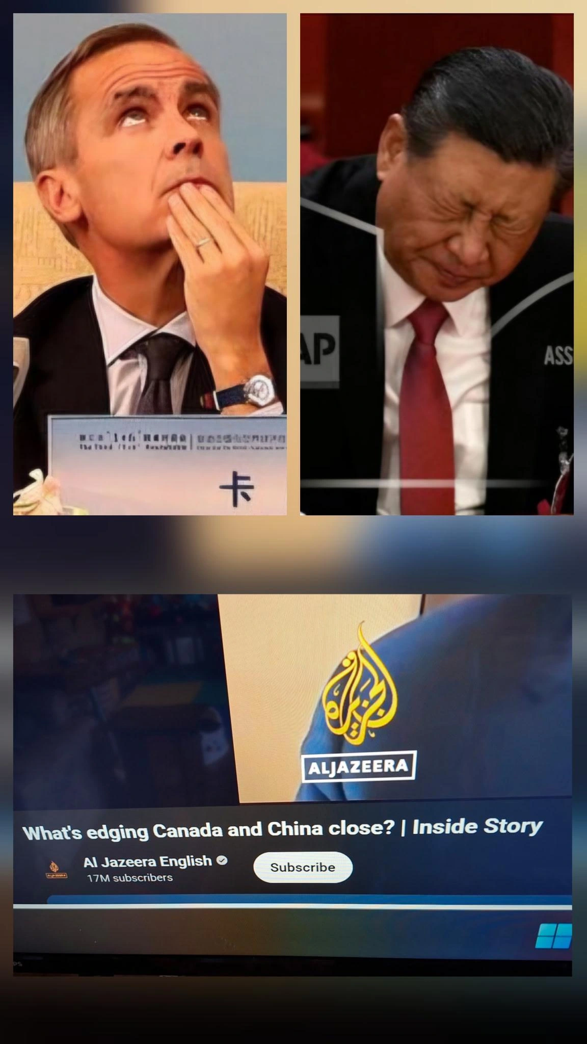 Carney and Xi making cum faces above the news headline: "What's edging Canada and China close?"