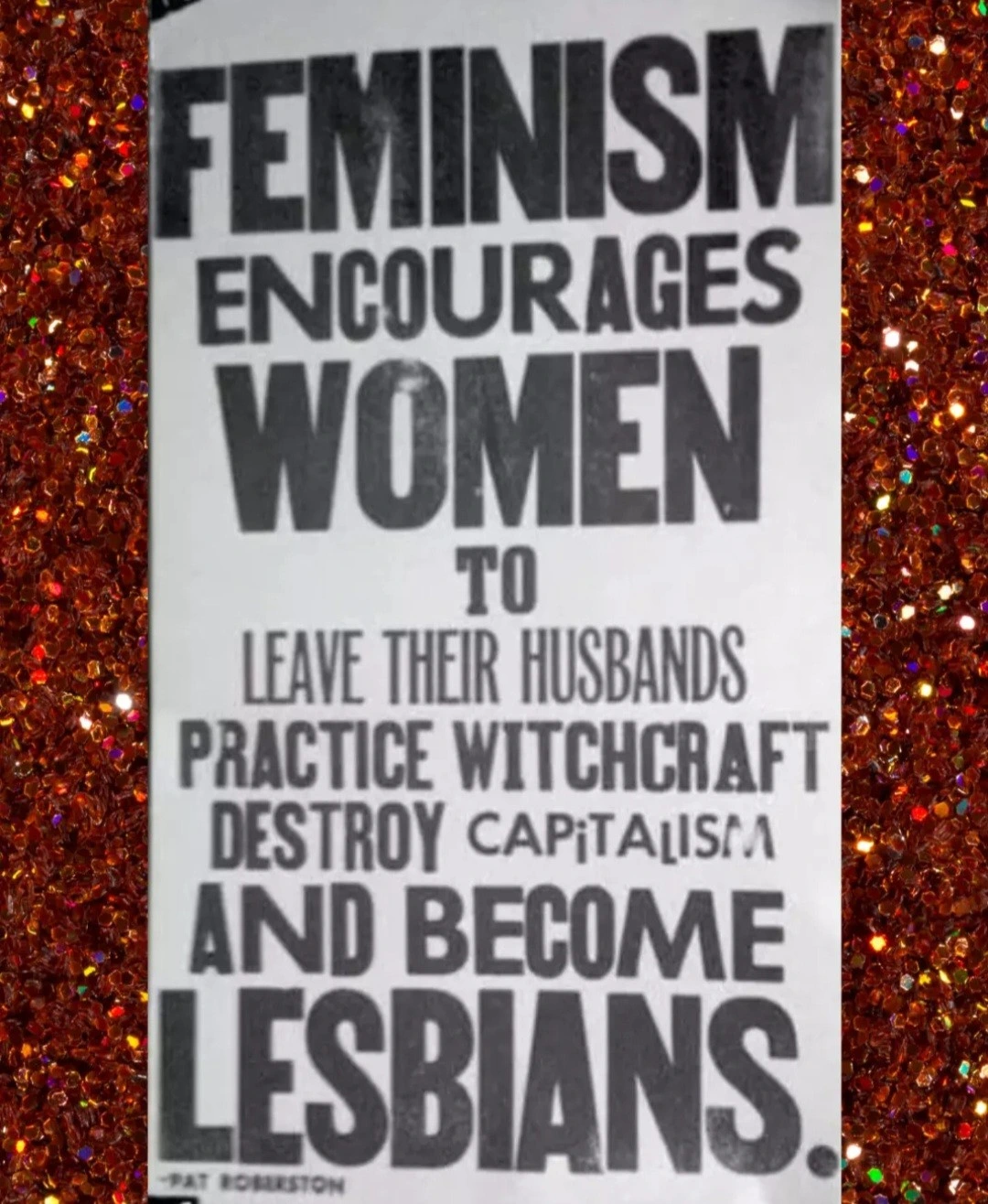 Text says feminism encourages women to leave their husbands practice witchcraft destroy capitalism and become lesbians