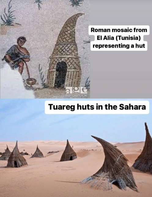 A historical history drawing! Roman depiction of North African huts, compared with modern photo of traditional-style Tuareg huts