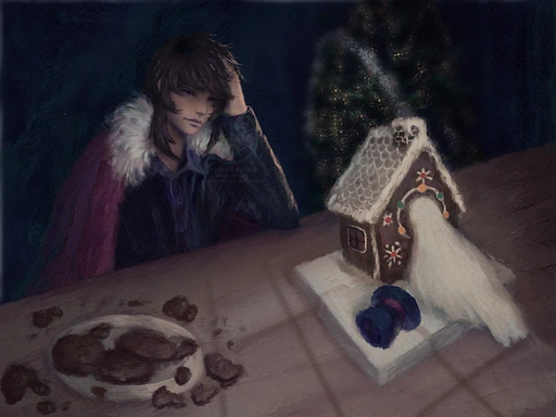 An artwork featuring two original characters: Kai the Aasimaar with long brown hair and red eyes, and Max the albino seagull.
Kai stares dejectedly, leaning on the wooden counter clutching his head with his left hand, as he watches his hard work ruined by the chaotic seagull. Warm light streams through the window, indicating the time is around sunset.
On the counter is a plate of destroyed cookies, and a mostly complete gingerbread house on a small white platform, where Max sticks his head into a circular opening to see what's inside. His tophat has fallen to the side as a result.
In the background against the blue walls is a poorly decorated Christmas tree, with lights and a stream of silver tinsel haphazardly thrown onto it.

Painting by Jasmint made in Krita.