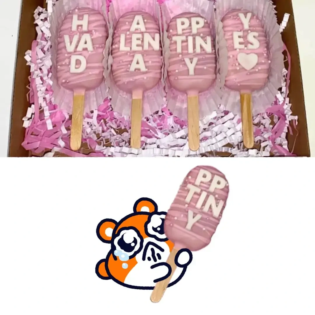 A row of four ice lollies (AKA popsicles) that are pink and have letters on them. In the row together the letters spell "HAPPY VALENTINES DAY ❤️" but individually they say "HVAD", "ALENA", "PP TINY", and "YES". the "PP TINY" is pointed out by the meme.