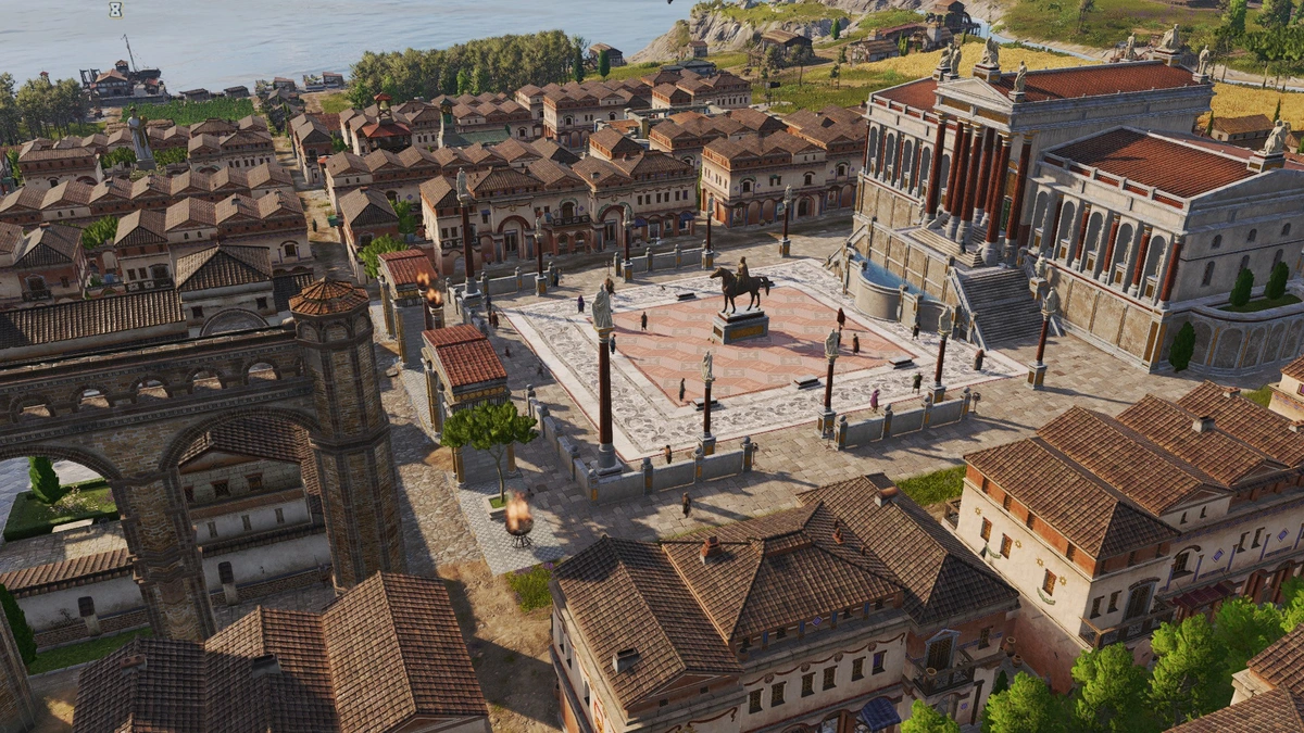 A Roman Forum 80 feet from the sea with an aqueduct in front of it, both surrounded by tier-3 Roman housing.