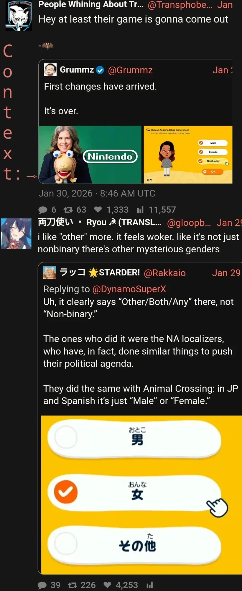 Nintendo adds a nonbinary ([そ／と]の他) option to the 3rd upcoming version of Tomodachi Life. Bigots blatantly furor.