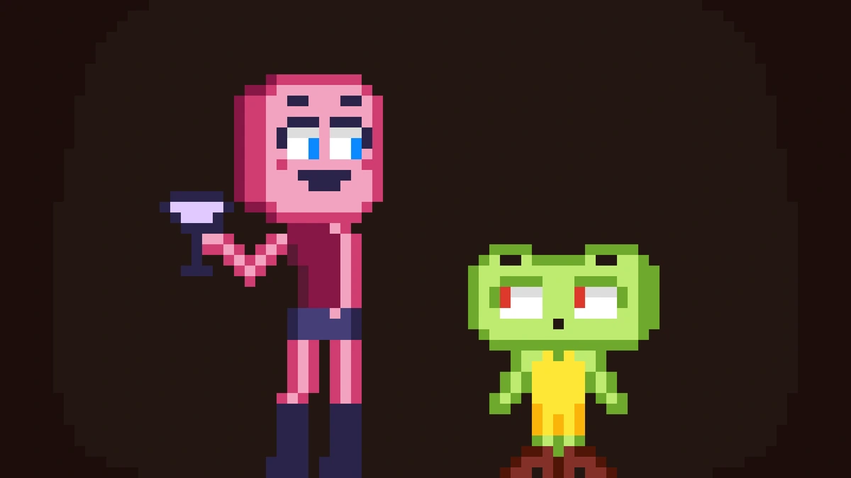 A pixelart drawing of a tall feminine cube headed figure, holding a glass in their right arm, looking down on a frog? Maybe. The "frog" is wearing a yellow dress, looking up at the figure, they are short, the frog. The frog looks amazed. While the cubed figure looks cool and sexy?