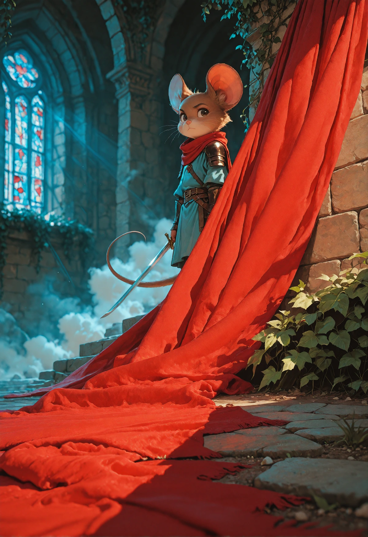 A fantasy scene featuring an anthropomorphic mouse clad in medieval armor, a flowing red cape, and armed with a sword, lurking around a corner in a grand stone hall. A dramatic curtain that drapes across the floor and wall, and the hall is adorned with arched windows and stained-glass, while mist rises from the stone steps and ivy creeps along the ancient walls. 