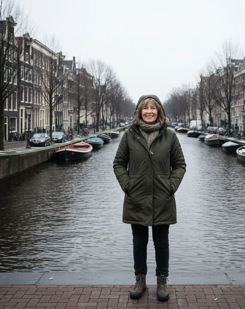 A woman who is dressed for cold weather is posing on a bridge over a canal in Amsterdam