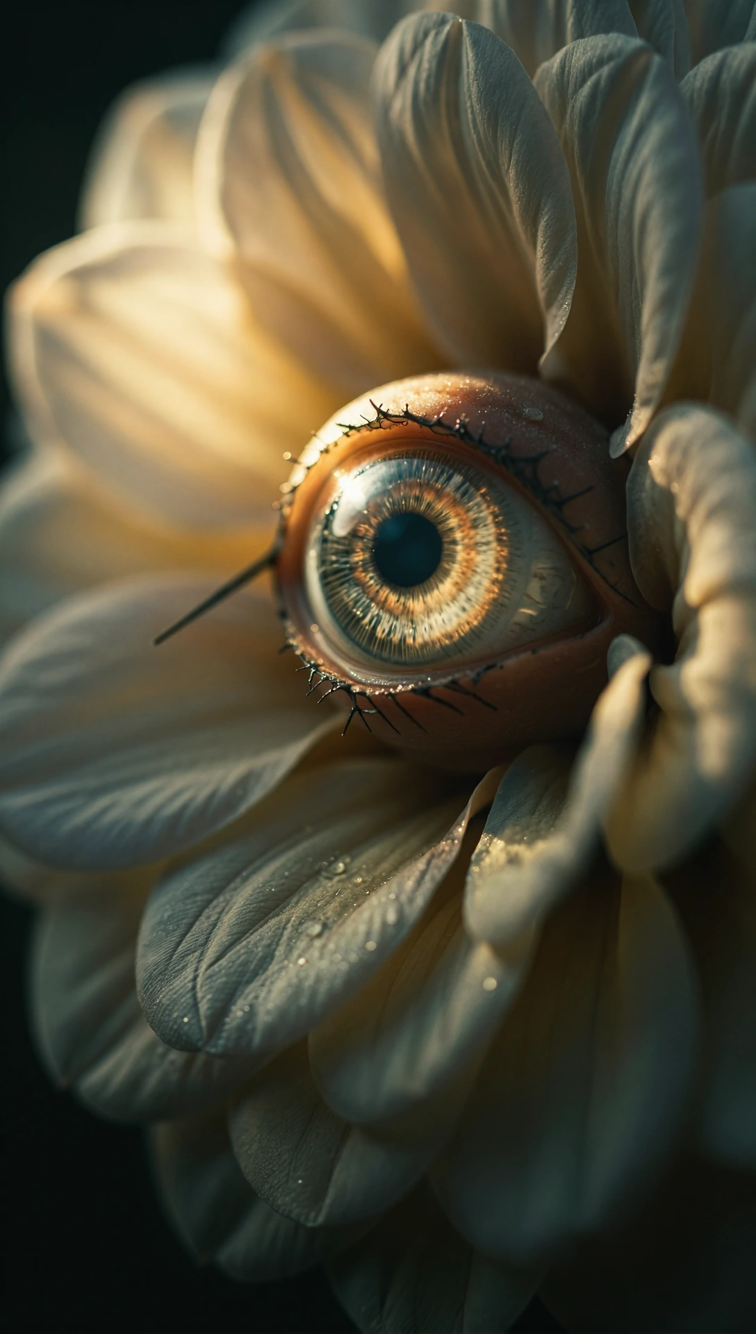 A large, lifelike human eye appears at the center of a pale flower, its detailed iris and reflective cornea contrasting with the petals around it. Dew‑like droplets catch warm directional light, highlighting the textures of both the bloom and the eyelashes. 